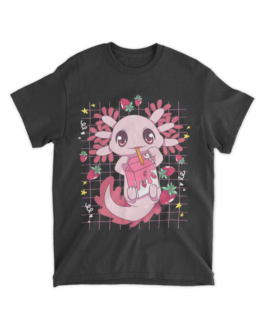 Kawaii Axolotl Drinking Strawberry Milk Carton Axolotl Lover T-Shirt